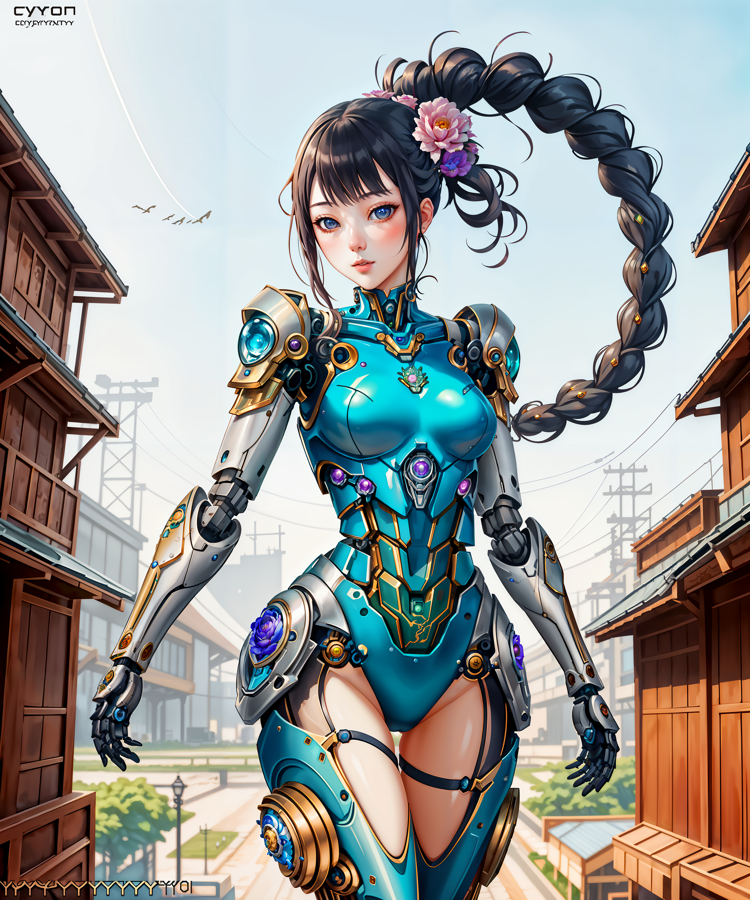 award winning, best quality, masterpiece, 1girl, 1mecha, cyberpunk robot, floral, fantasy scifi aesthetic, highly detailed...